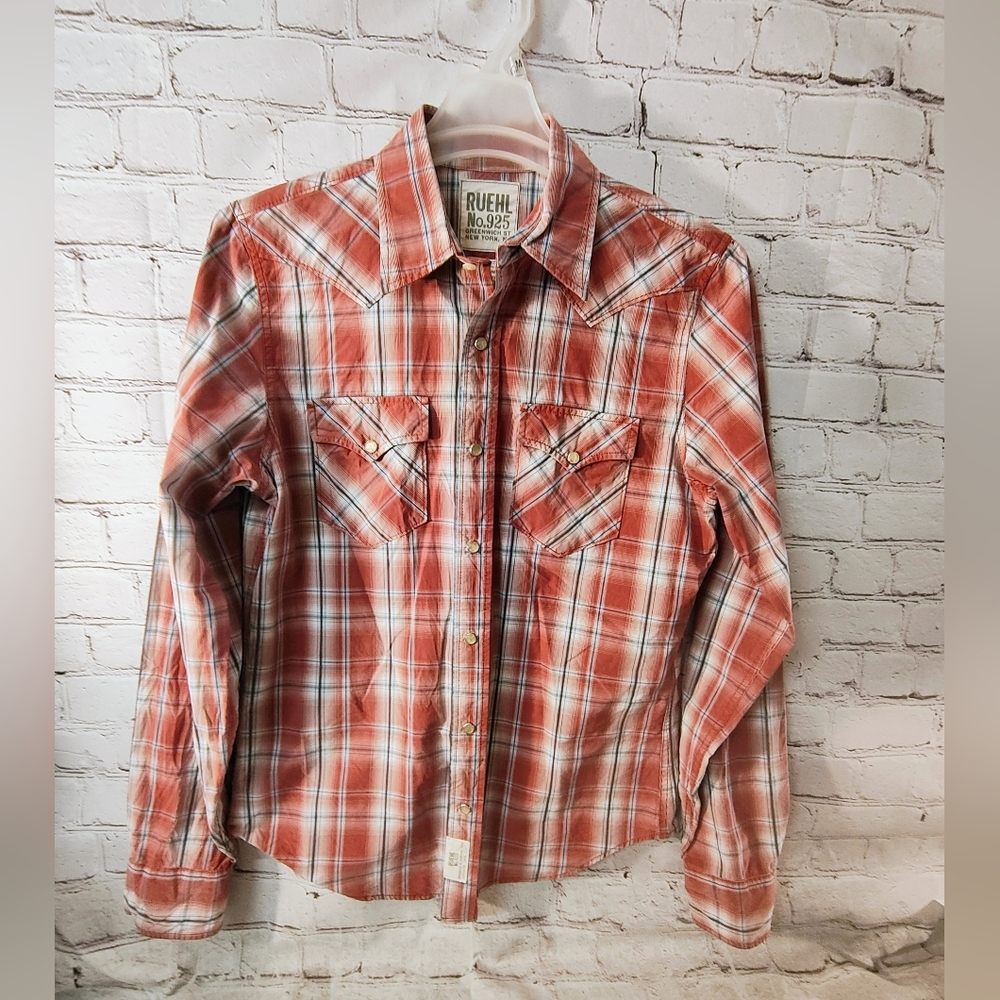 Ruehl No. 925 Mens Western Pearl Snap Red Plaid Rodeo Button Down Medium Shirt